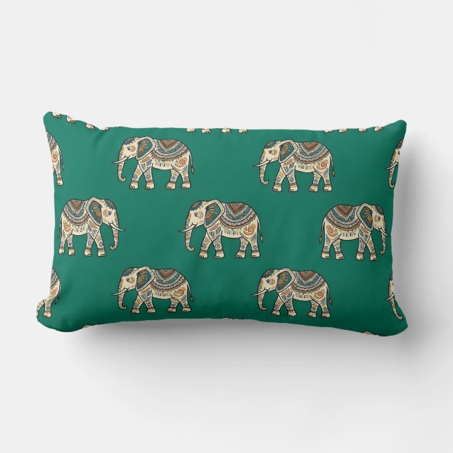 Lumbar Green Elephant Design Pillow (Front)