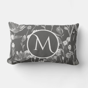 Lumbar Monogram Initial Romantic Grey Floral  Pillow