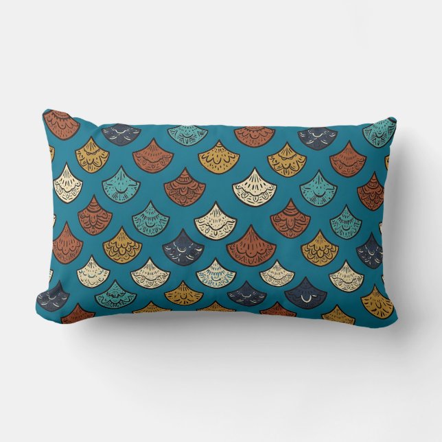 Lumbar Pillow Teal Blue Fish Scale Print (Front)