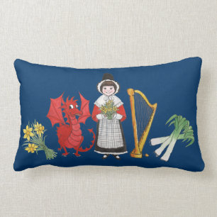 Lumbar Pillow: Welsh, Daffodils, Dragon Leeks Harp Lumbar Pillow