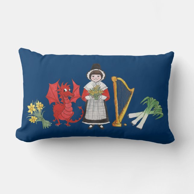 Lumbar Pillow: Welsh, Daffodils, Dragon Leeks Harp Lumbar Pillow (Front)