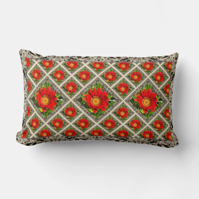 Lumbar Throw Pillow with Red Gazanias (Front)