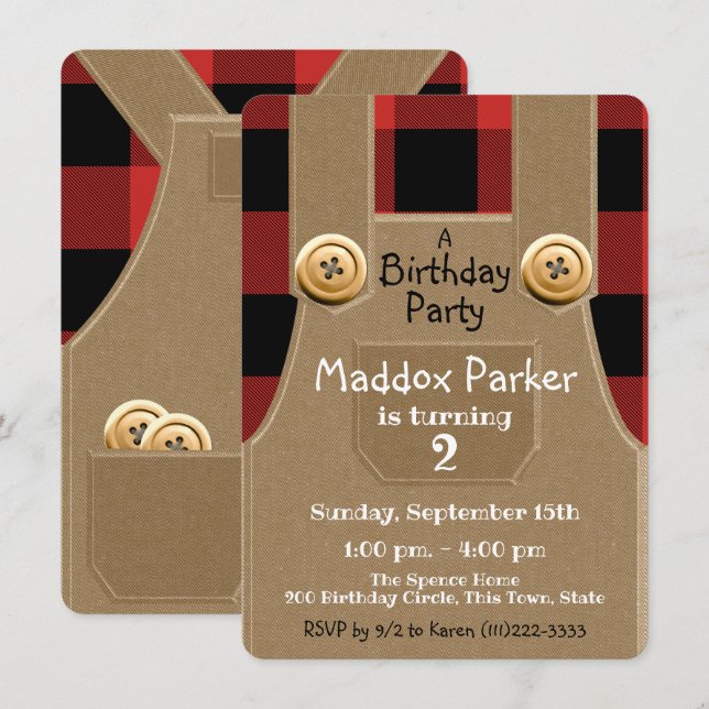 Lumber Jack Overalls Birthday Party Invitation (Front/Back)