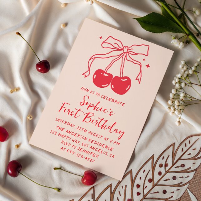 Lumber & Red Bow Cherry Fruit 1st Birthday Party Invitation (Creator Uploaded)