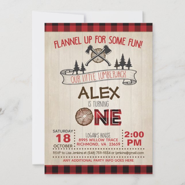 Lumberjack 1er Anniversaire Invitation - Rouge (Devant)