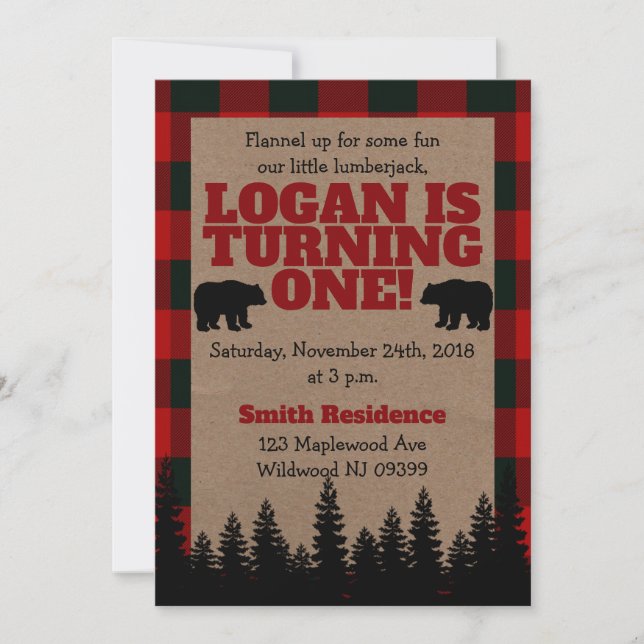 Lumberjack 1st Birthday Invitation (Front)