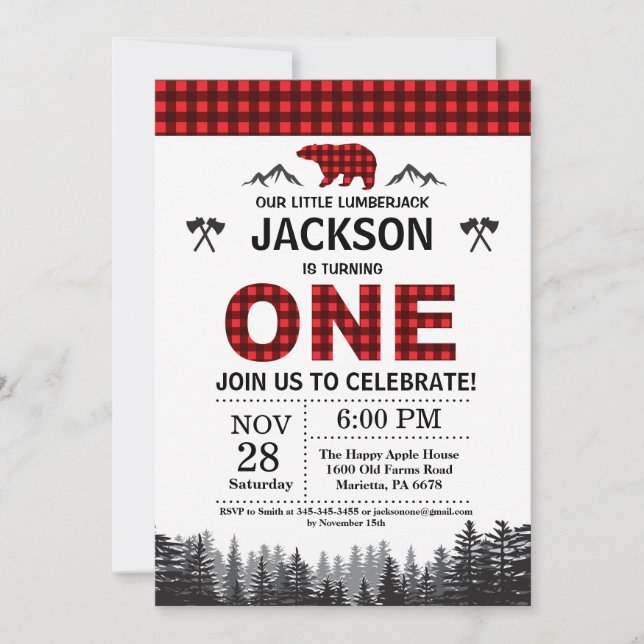 Lumberjack 1st Birthday Invitation Bear Woodland (Front)