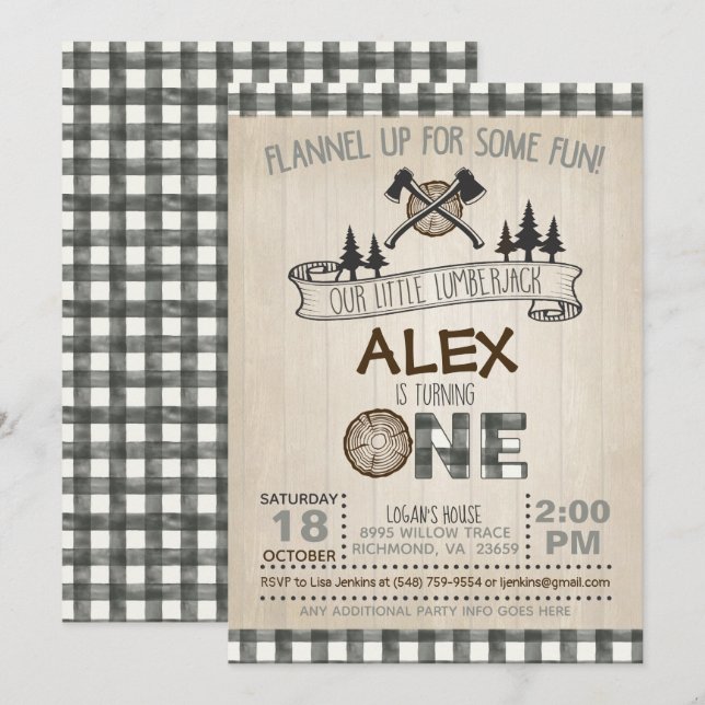 Lumberjack 1st Birthday Invitation - White (Front/Back)