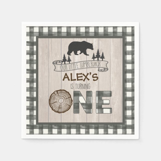 Lumberjack 1st Birthday Napkin - Bear White (Front)