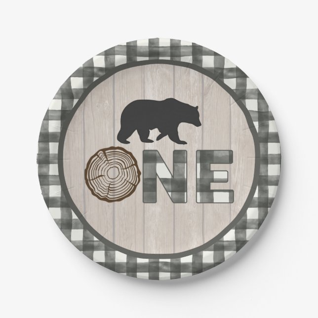 Lumberjack 1st Birthday Paper Plate - Bear ONE WH (Front)