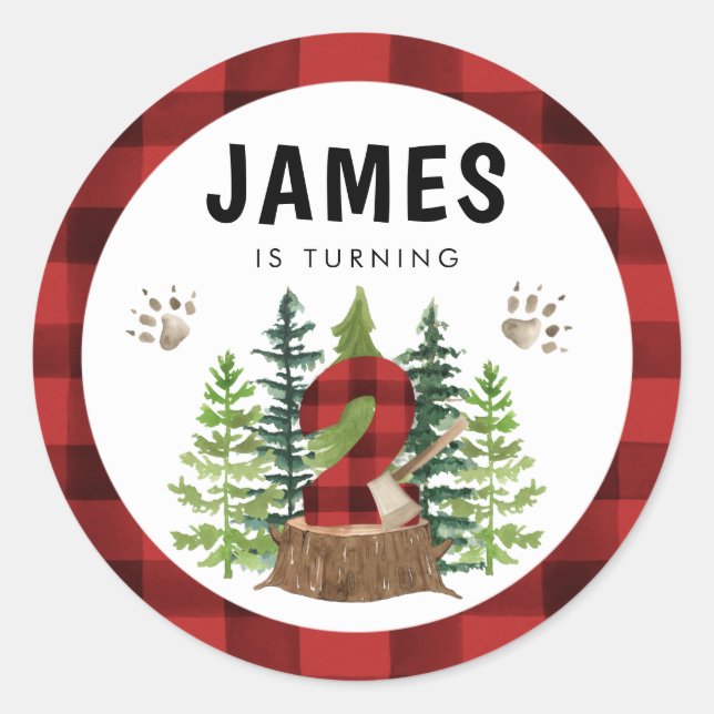 Lumberjack 2nd Birthday Buffalo Plaid Classic Round Sticker (Front)