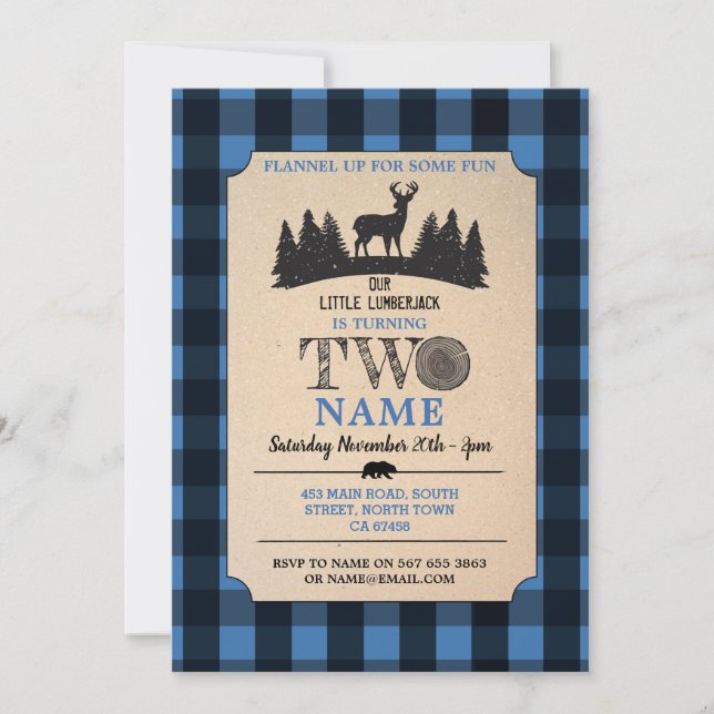 Lumberjack 2nd Birthday TWO Blue Flannel Up Invite (Front)
