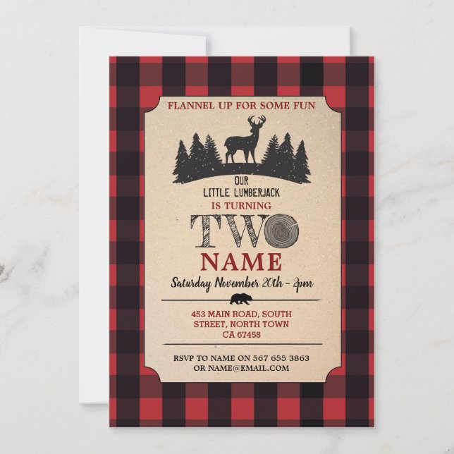 Lumberjack 2nd Birthday TWO Red Flannel Up Invite (Front)