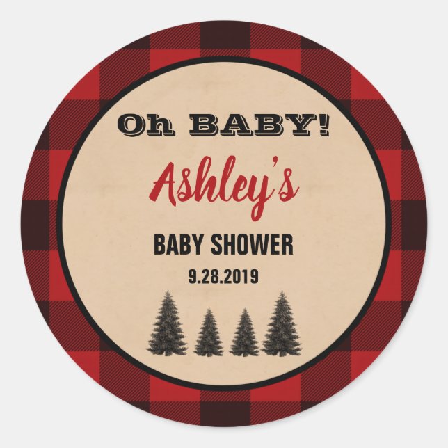 Lumberjack Baby Shower Round Favour Stickers Plaid (Front)