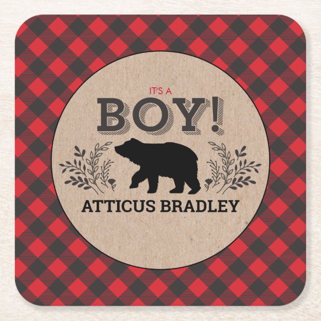 Lumberjack Bear Baby Boy Kraft Shower Coasters (Front)