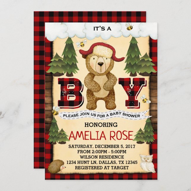 Lumberjack Bear Baby Shower Invitation Invite (Front/Back)