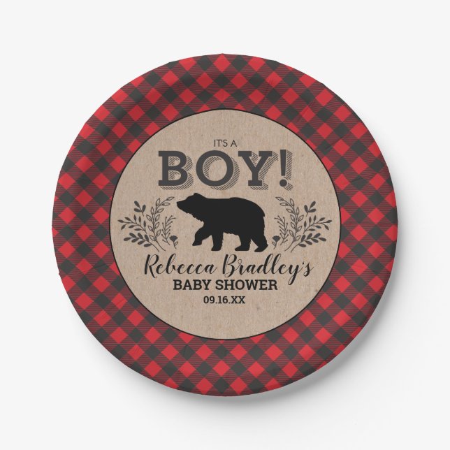 Lumberjack Bear Baby Shower Plate (Front)