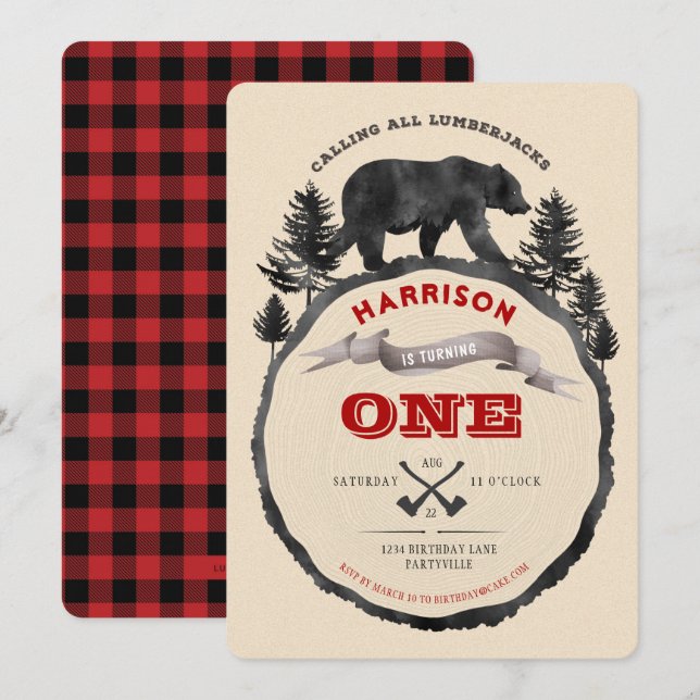 Lumberjack Bear Birthday Invitation (Front/Back)