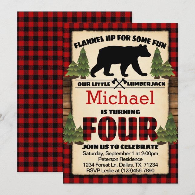 Lumberjack Bear Birthday Party Invitation Four 4th (Front/Back)
