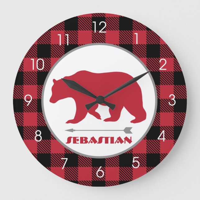 Lumberjack Bear Buffalo Plaid Hunter Theme Large Clock (Front)