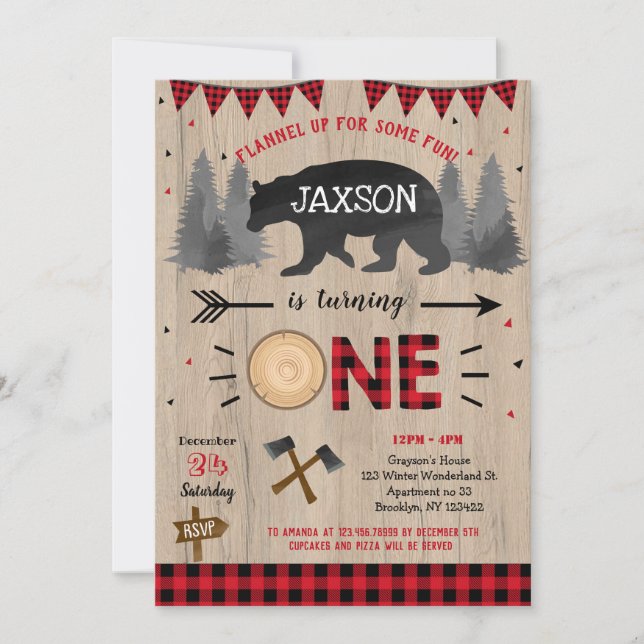 Lumberjack Bear First 1st Birthday Invitations (Front)