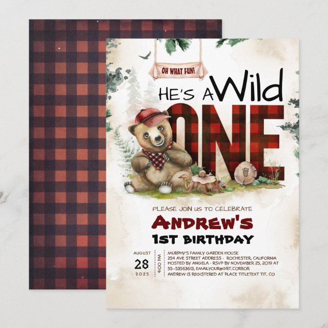 Lumberjack Bear First Birthday Party Invitation (Front/Back)