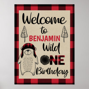 Lumberjack bear plaid wild one birthday welcome poster