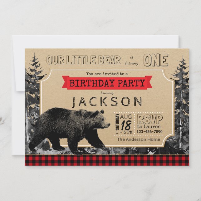 Lumberjack Birthday Buffalo Plaid Little Bear Invitation (Front)