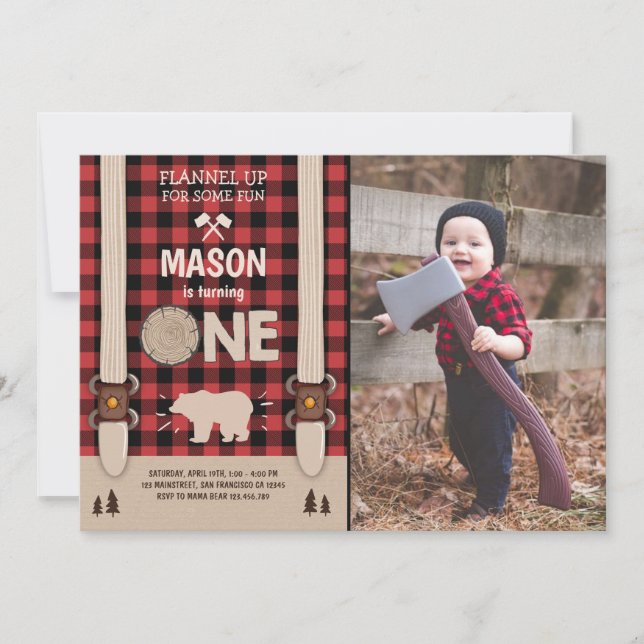 Lumberjack Birthday Invitation Woodland Plaid Red (Front)