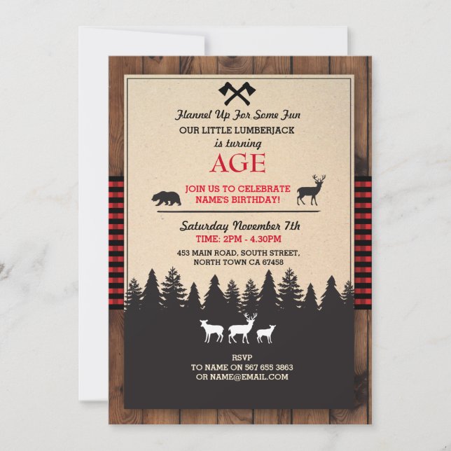 Lumberjack Birthday Invite ANY AGE Red Invite (Front)