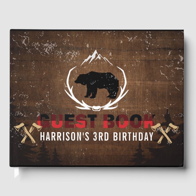 Lumberjack Birthday Wood Plaid Personalized Guest Book (Front)