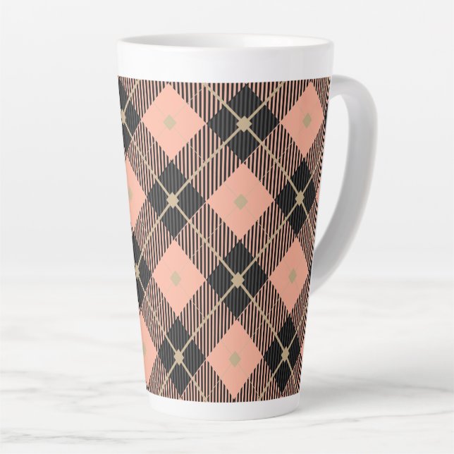 Lumberjack Black Coral PInk Plaid Latte Mug (Right Angle)