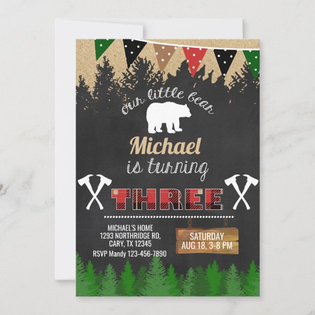 Lumberjack boy 3rd third birthday invitation. invitation (Front)
