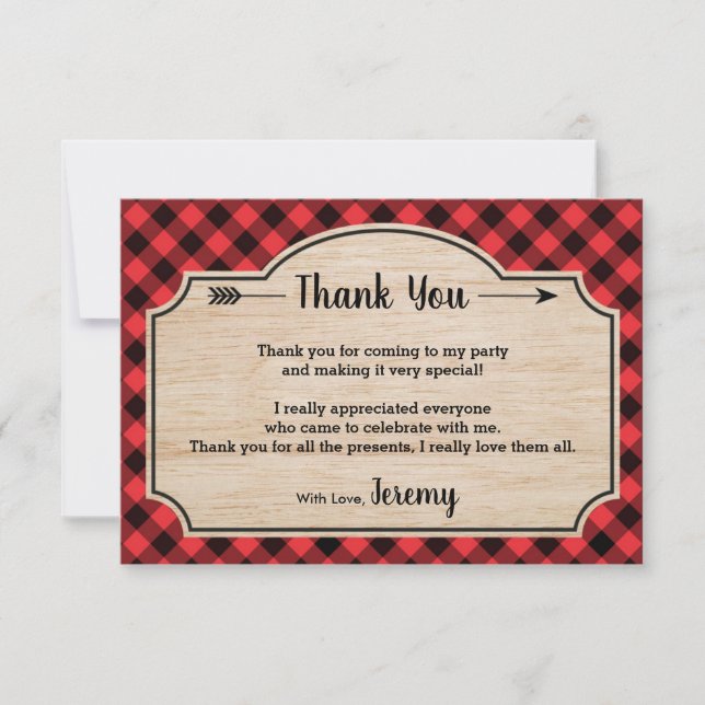 Lumberjack Boy Birthday Party Thank You Card (Front)