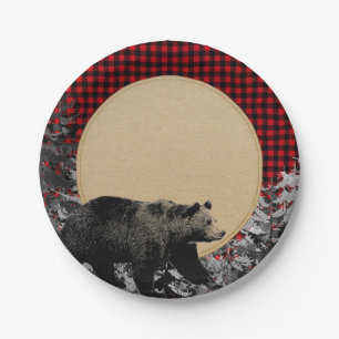 Lumberjack Buffalo Plaid Bear Rustic Cabin Paper Plate