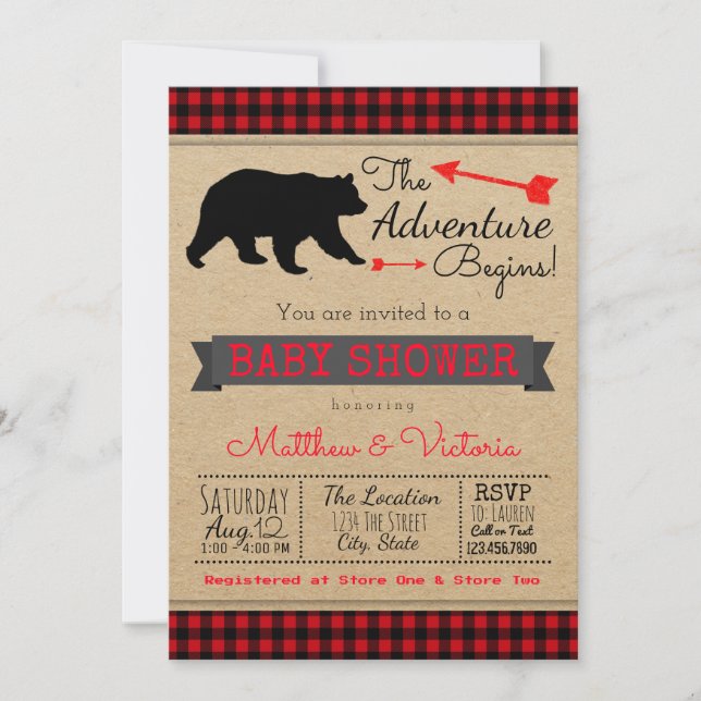Lumberjack Buffalo Plaid Boys Bear Baby Shower Invitation (Front)