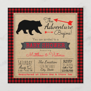 Lumberjack Buffalo Plaid Boys Bear Baby Shower Invitation