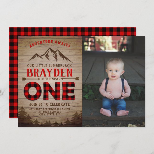 Lumberjack Buffalo Plaid Boys First Birthday Photo Invitation (Front/Back)