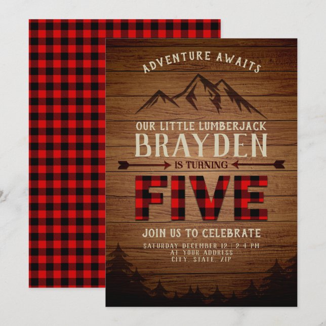 Lumberjack Buffalo Plaid Fifth Birthday Invitation (Front/Back)