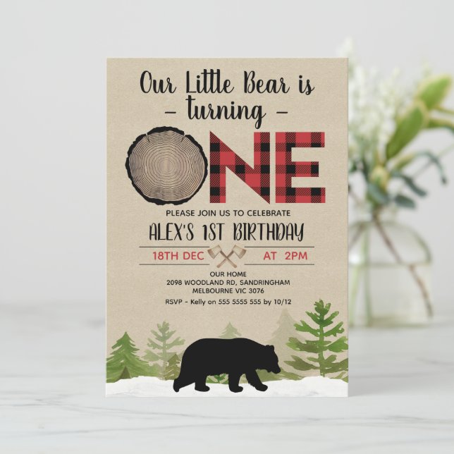 Lumberjack Buffalo Plaid Little Bear 1st Birthday Invitation (Standing Front)