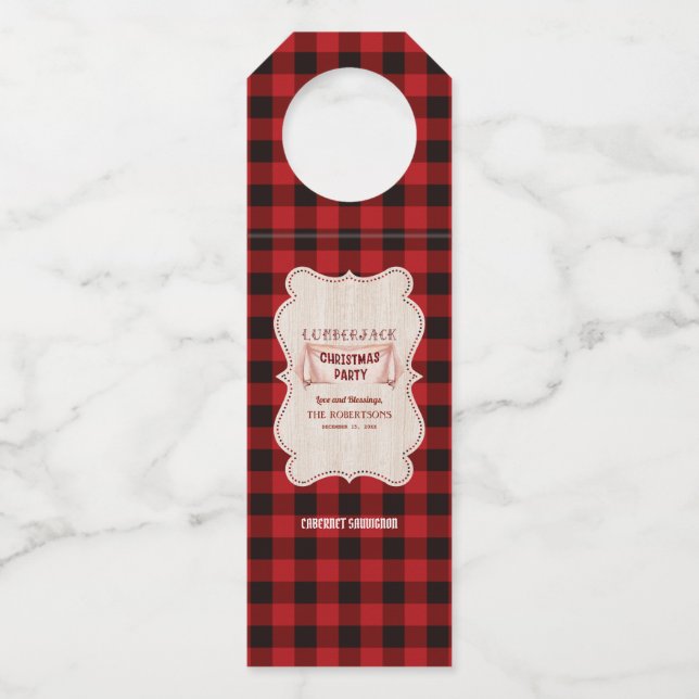 Lumberjack Christmas Party Red Buffalo Wood Bottle Tag (Front)