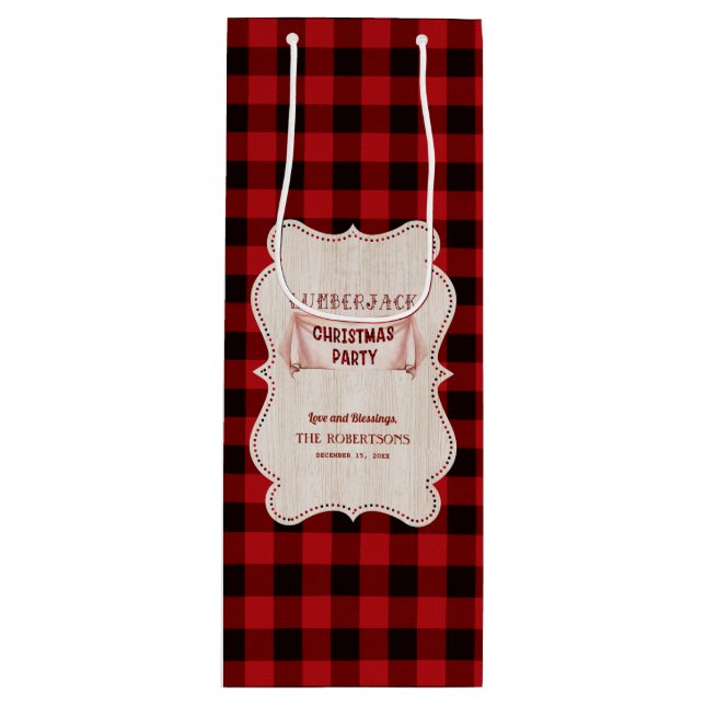 Lumberjack Christmas Party Red Buffalo Wood Wine Gift Bag (Front)