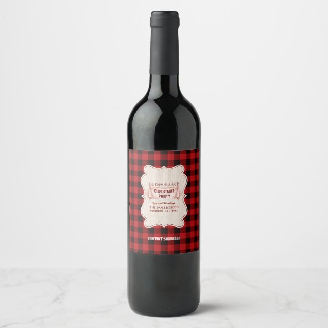 Lumberjack Christmas Party Red Buffalo Wood Wine Label (Front)