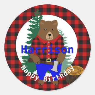 Lumberjack Cute Bear Plaid Happy Birthday Classic Round Sticker