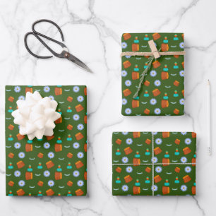 Lumberjack Equipment Pattern Tree Stump Green Wrapping Paper Sheet