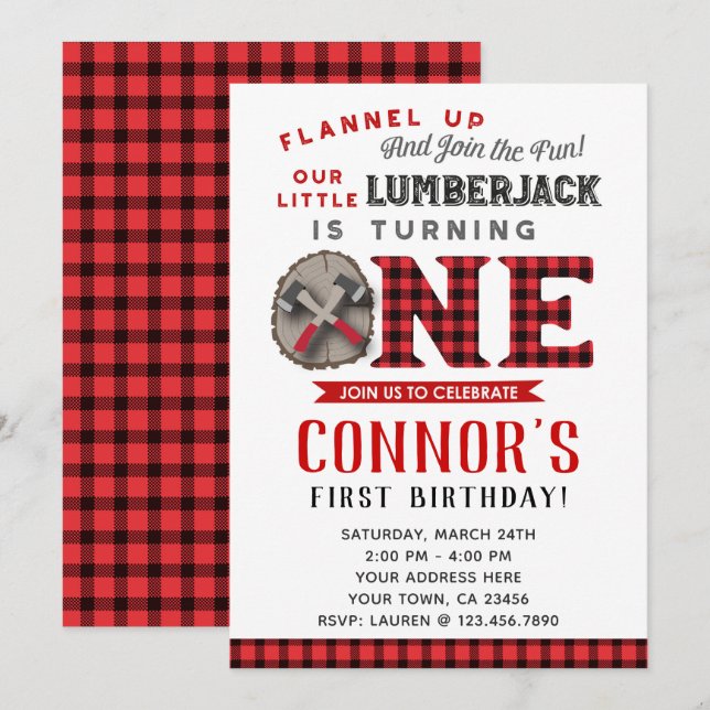 Lumberjack First Birthday Invitation (Front/Back)