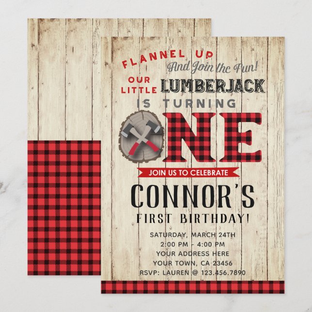 Lumberjack First Birthday Invitation (Front/Back)