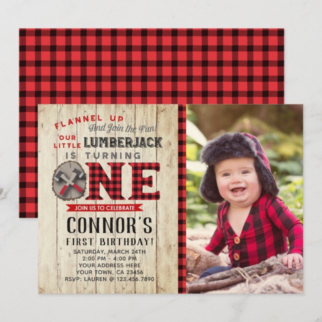 Lumberjack First Birthday Invitation with Photo (Front/Back)