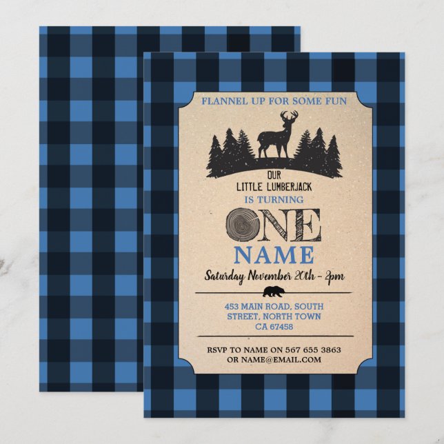 Lumberjack First Birthday ONE Blue Flannel Invite (Front/Back)