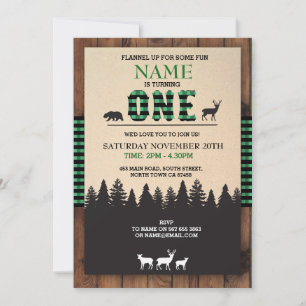 Lumberjack First Birthday ONE Green Check Invite